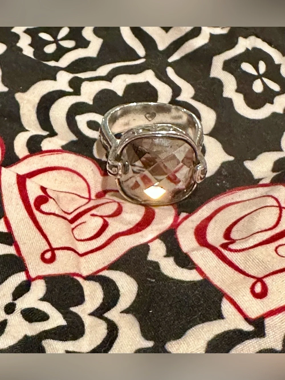Brighton Silver-Tone Filigree Ring with Smoky Tan Faceted Stone- size 9 w/ bag